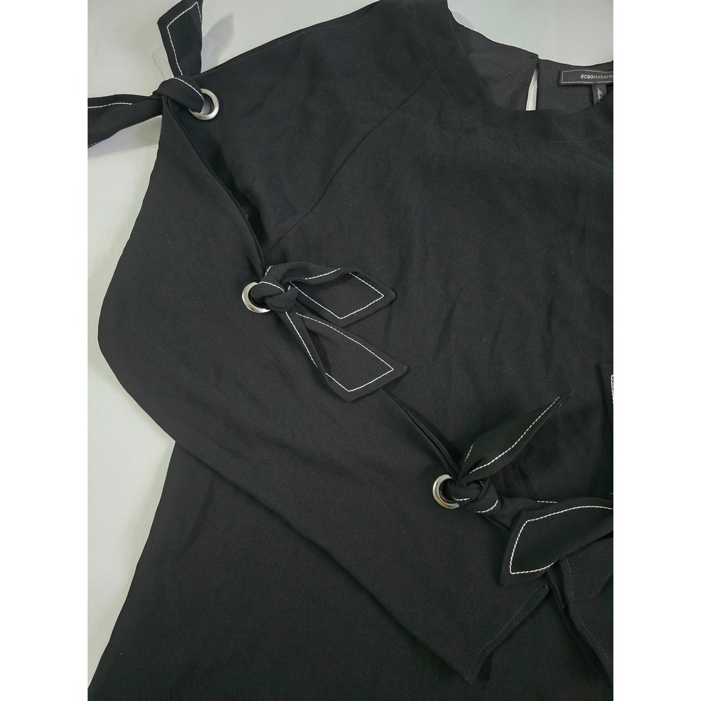 BCBGMAXAZRIA Black Grommet Tie Sleeve Blouse Crew Neck Top XS - Picture 4 of 16